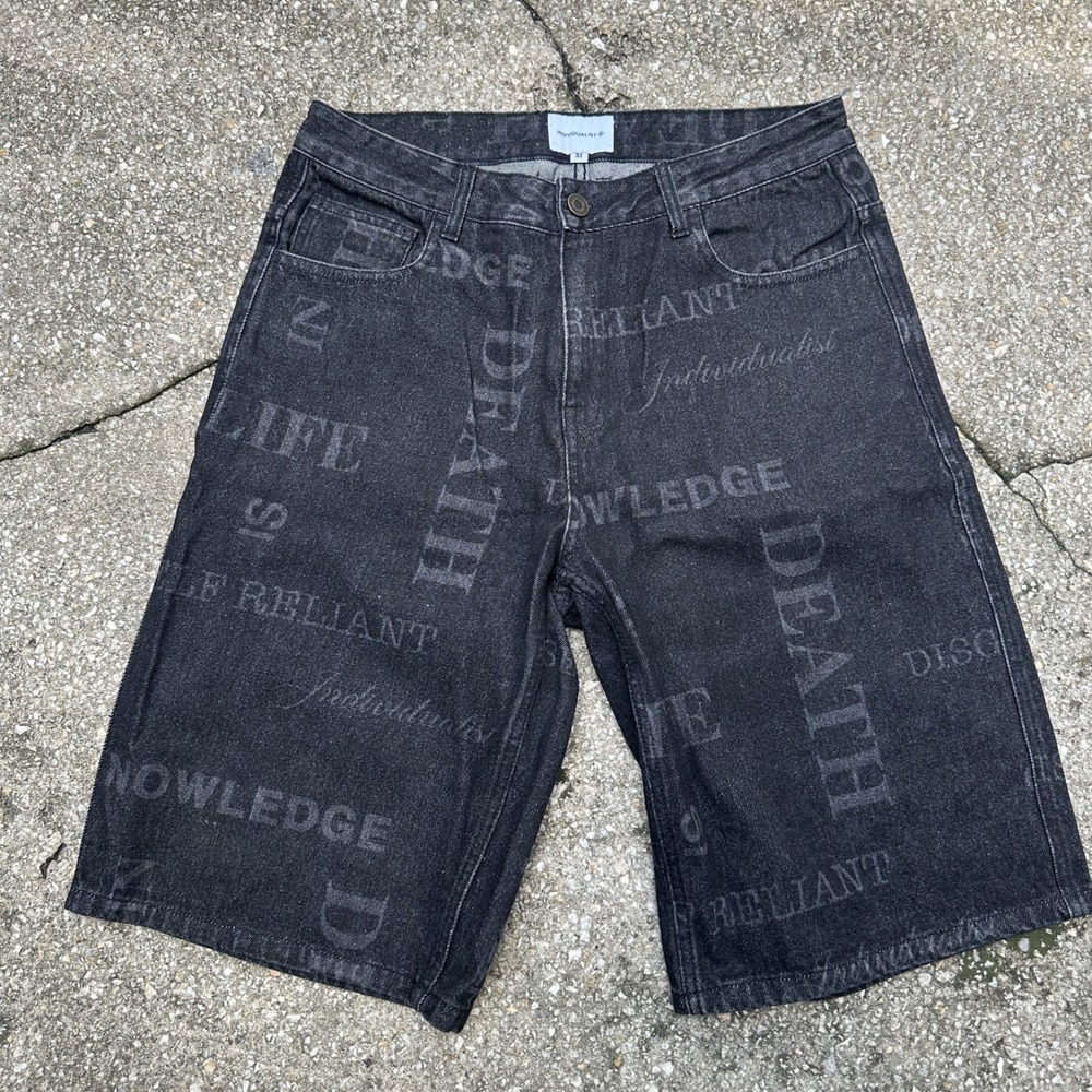 Individualist Mens Black Graphic Denim Shorts Size 32 Life Death Knowledge Print